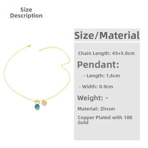 Detail of 18K gold-plated necklace with zircon heart and figure charms and size specs