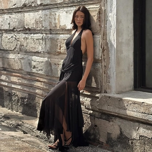 Elegant black halter chiffon maxi dress with backless design and high slit for women