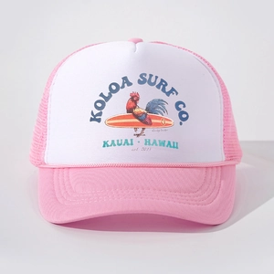 Detail of pink mesh trucker hat with vintage rooster surfing print and Koloa Surf logo