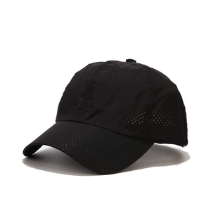 Quick-dry breathable black sports cap with laser-cut ventilation holes and pre-curved brim
