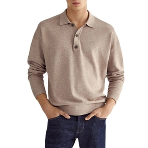 Men's casual oatmeal long sleeve polo shirt with V-neck button design and knit texture
