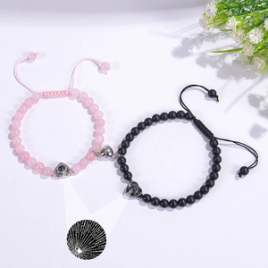Magnetic attraction couple bracelets with pink crystal, black agate and projection heart
