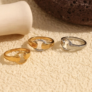 Detailed view of interconnected 18K gold and silver stainless steel rings on stone