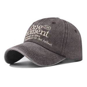 Vintage washed cotton baseball cap with One Moment embroidery in a dark grey finish