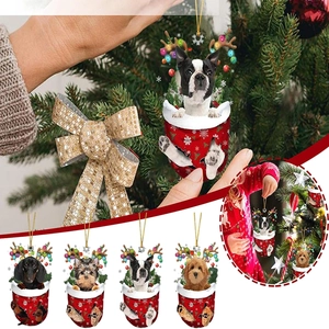 Hanging Christmas stocking ornaments featuring cute dogs with antlers and festive lights