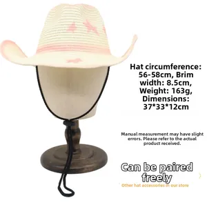 Beige straw cowboy hat with pink star detail, 56-58cm circumference and 8.5cm brim