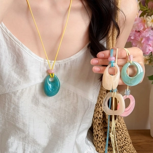 Long Acrylic Marbled Pendant Necklace Geometric Round Square Irregular Korean Dopamine Style Fashion Jewelry For Women Daily