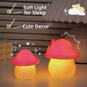 Detail of mushroom night lights with warm glow and creative house design details
