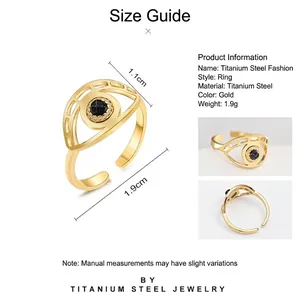 Gold stainless steel evil eye open ring with black stone center and dimensions shown
