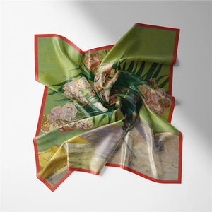 Detail view of Van Gogh style silk scarf showing floral oil painting and soft textures