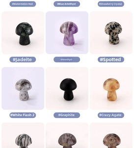 Detailed grid view showing various natural stone mushroom carvings in multiple crystal types