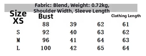 Detailed size chart for women's faux fur suede blazer with weight and fabric info