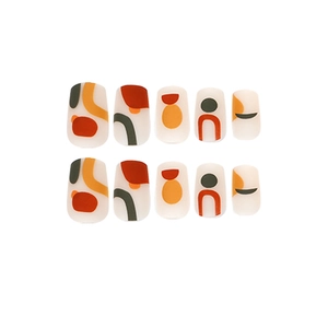 Matte press-on nails set with geometric Morandi art patterns in modern abstract design