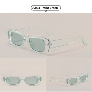 Detail view of mint green rectangular frame sunglasses with transparent finish