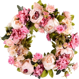 16-inch artificial peony and rose floral wreath with peach blooms for home door decor