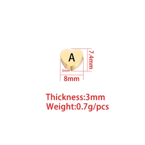 Gold stainless steel heart charm with letter A engraving and detailed dimensions