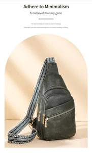 Close-up of green pebbled leather chest bag with gold zipper and geometric strap
