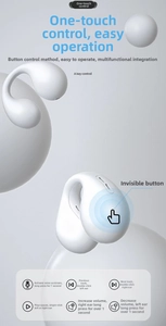 Detail view of white clip-on earphone showing touch control for playback and volume
