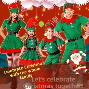 Family set of Christmas elf costumes in green and red with matching hats and belts