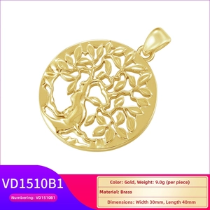 Macro shot of 18k gold brass tree of life pendant with detailed size and weight labels
