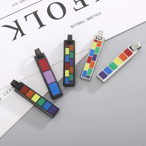 Modern rectangle rainbow pendant with geometric color blocks and stainless steel frame
