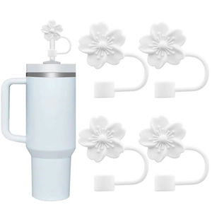 Silicone flower straw covers set with Stanley cup showing 10mm dust caps protection