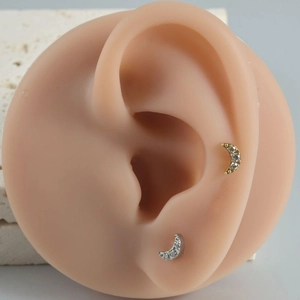 F136 titanium moon stud earrings with white zircon in gold and silver finish