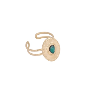 Retro golden open ring with green teardrop stone and adjustable double-line band