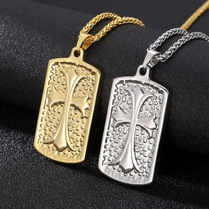 Men's square cross military tag necklaces in gold and silver finish with Cuban chains