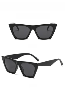 Front and 45-degree side view of stylish black square cat-eye frame sunglasses