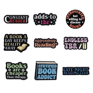 9-piece set of colorful enamel book badges with creative literary quotes and metal finish