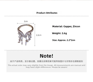 Detailed size specifications for zircon tassel open ring in copper and silver finish