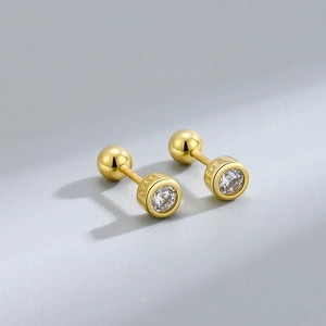 Elegant gold S925 sterling silver screw back stud earrings with round clear zircon stones