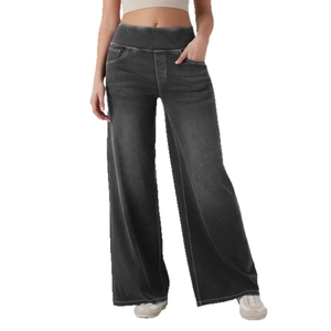 High-Waist-Jeans mit weitem Bein in Dunkelgrau mit Vintage-Waschung und Kontrastnähten