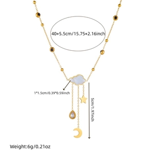 Gold stainless steel necklace with cloud, moon and star charms with long tassels