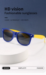Detail view of two-tone kids sunglasses with blue frame and yellow temples on a pedestal