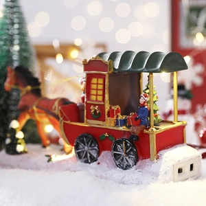 Christmas LED carriage decoration with Santa and mini trees on snowy base