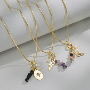 Bohemian gold snake chain necklaces with natural crushed stone butterfly and star pendants