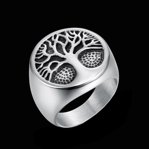 Vintage stainless steel Viking Tree of Life signet ring with silver brushed finish