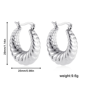 Detailed view of chunky silver twisted hoop earrings showing 29mm height and 25mm width dimensions