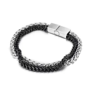 Men Layered Braided 316L Stainless Steel Bracelet Titanium Steel Wheat Chain Magnetic Clasp Punk Geometric Jewelry