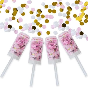 Set of four manual push-pop confetti poppers with pink, white, and gold foil circles