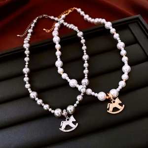 Vintage Style Imitation Artificial Pearl Necklace With Zircon Rocking Horse Pendant Gold Plated Copper Elegant Jewelry For Women