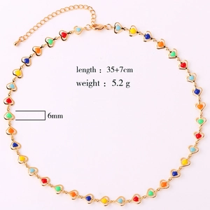 Colorful enamel heart choker necklace in gold finish with 35+7cm adjustable chain