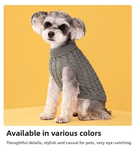 Close-up of gray knit dog sweater featuring classic cable stitch pattern and high neck
