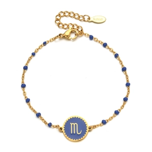 Detailed view of Scorpio zodiac charm bracelet in gold stainless steel and blue enamel