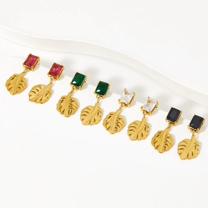 Tropical monstera leaf earrings with colorful rectangular crystals in gold finish