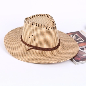 Detail of checkered straw cowboy hat with brown braided rope and black stitching