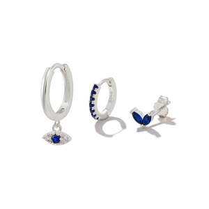 Detail of S925 sterling silver evil eye earring set featuring blue gems and butterfly studs