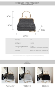 Detailed size specifications for rhinestone clutch bag with three color options and dimensions